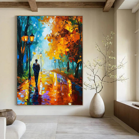 Vibrant contemporary abstract painting of a man strolling through an autumn park filled with colorful trees and glowing street lamps reflecting rain on his suit. DLZ1305