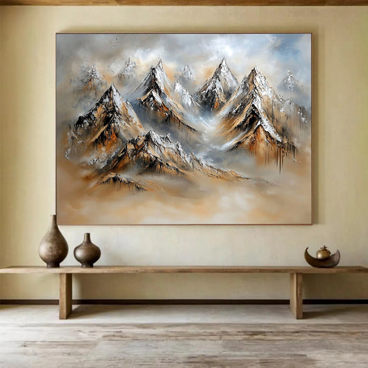 “Textured Mountain Landscape” - Snowy peaks, earthy tones, misty background, Textural Landscape Painting On Canvas HB0602
