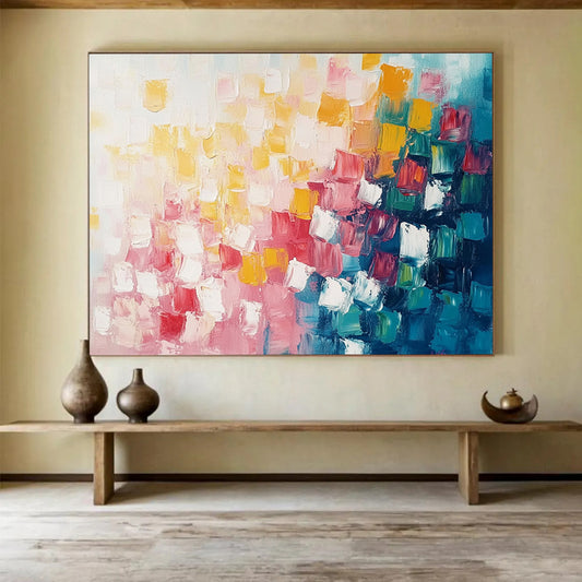 “Dynamic Square Composition” - Pink, Red, Yellow, Blue, White - Energetic Square Abstract - Acrylic Painting HB1321