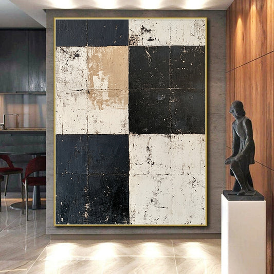 Black, White, Beige, Patchwork Squares "Vintage Patchwork" Abstract Minimalist Painting On Canvas HB152