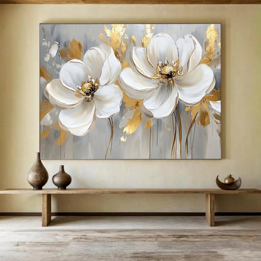 “Gold - Accented White Flowers on Gray” - White, Gold, Gray, White flowers with gold details on gray - Impasto Oil Painting HB1786