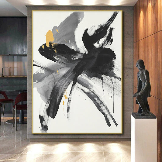 Black, Gray, Yellow and White Abstract Flower "Gilded Bloom" Painting On Canvas HB314