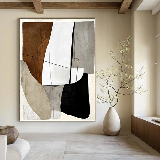 Contemporary hand-painted abstract artwork featuring textured elements geometric shapes depth minimalist design on a beige background with contrasting colors. DLZ1521