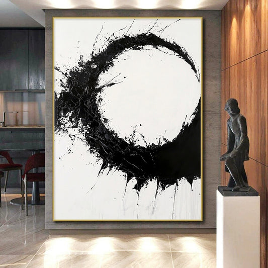 Black Splattered Circular Ink - “Dynamic Enso Energy” Painting On Canvas HB231