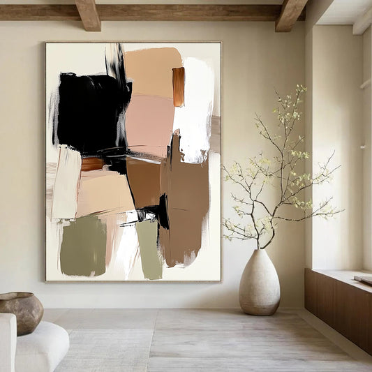 Contemporary hand-painted abstract art featuring loose brush strokes, large shapes, and a neutral background in beige and brown with accents of black, white, sage green, and pink. DLZ0557