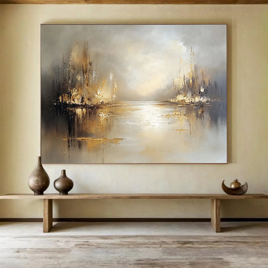 “Misty River with Golden Reflections” - Beige, Gold, Gray, Abstract Serene River Landscape Painting On Canvas HB1094