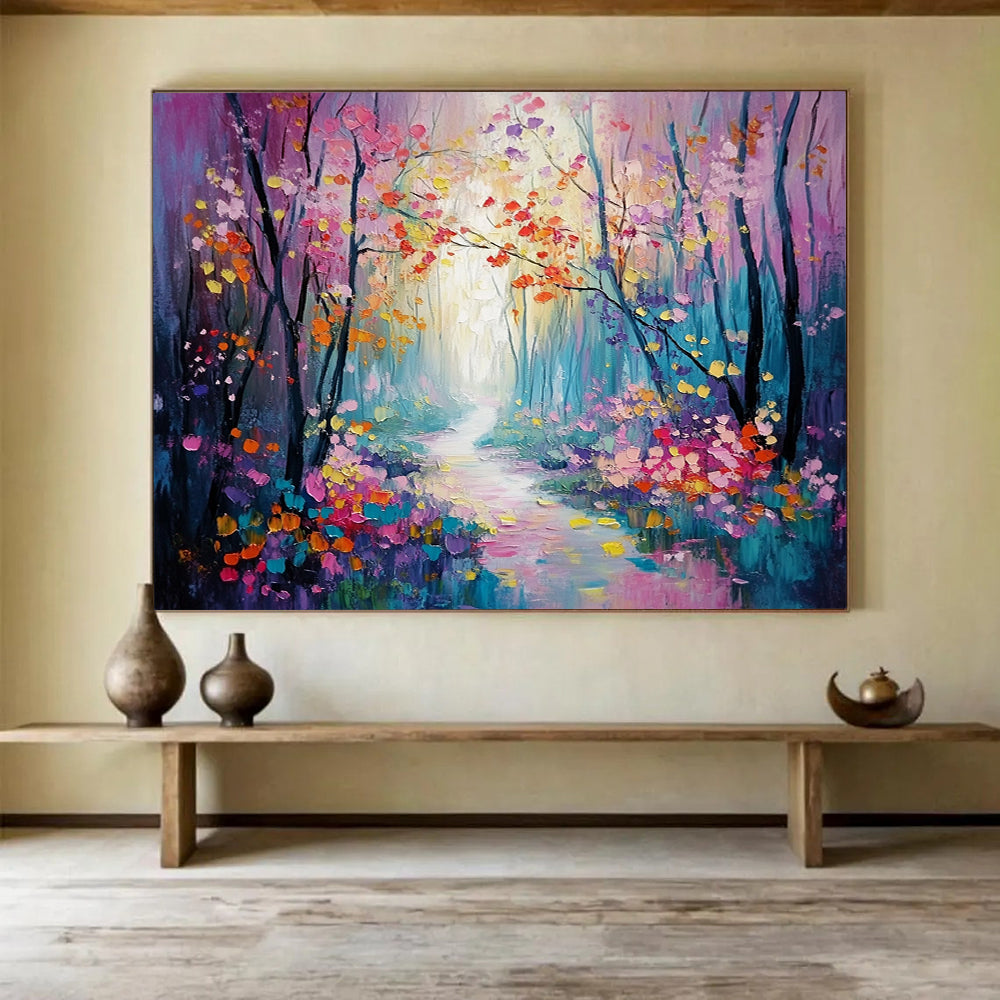 “Colorful Enchanted Forest Path” - Purple, Pink, Yellow, Blue, Flower - Lined Path - Whimsical Oil Painting HB1700
