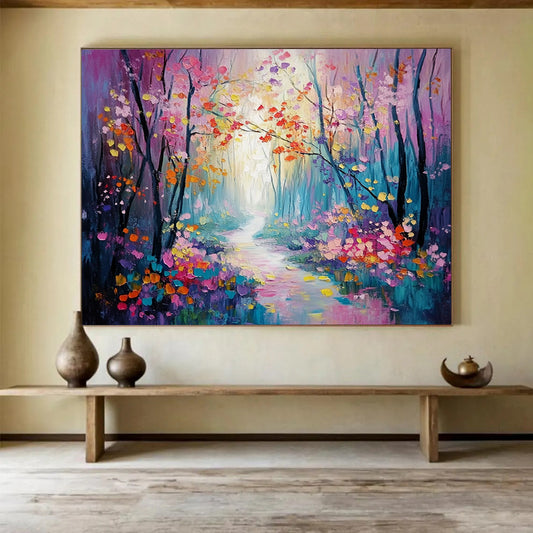 “Colorful Enchanted Forest Path” - Purple, Pink, Yellow, Blue, Flower - Lined Path - Whimsical Oil Painting HB1700