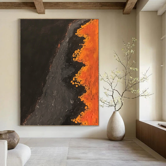 Contemporary abstract artwork capturing an aerial scene of an orange and black river with dark brown water and yellow flowers lining the banks. DLZ0839