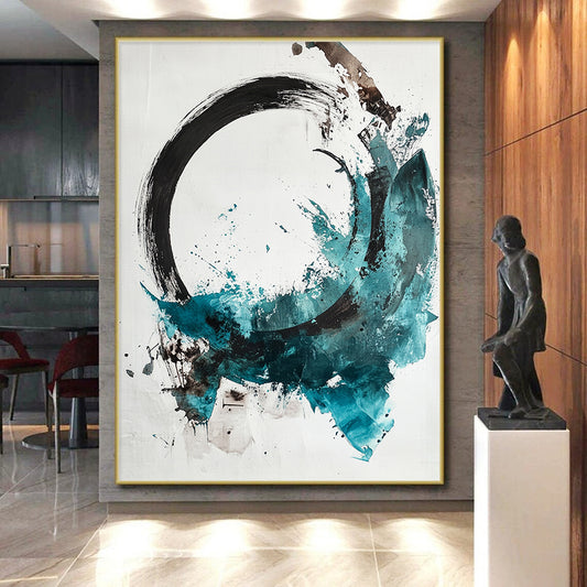 Black, White, Teal, Brown, Splattered Circle "Colorful Enso" Abstract Expressionist Painting On Canvas HB094