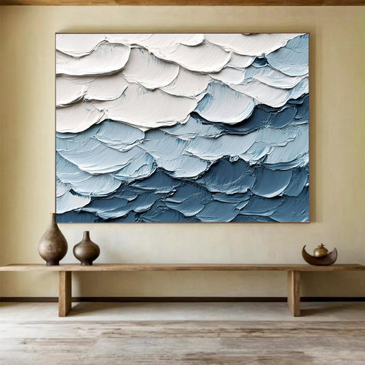 “Textured Wave Layers” - White, Blue, Gray - Impasto Ocean Waves - Acrylic Painting HB1335