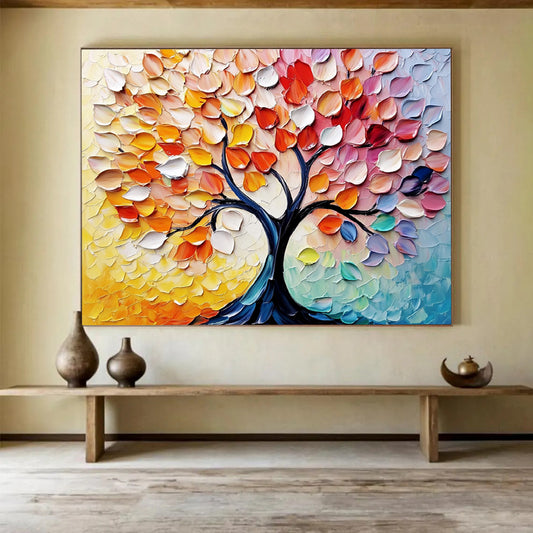“Colorful Autumn Tree with Textured Leaves” - Yellow, Orange, Red, Pink, Colorful Leaf Textures - Palette Knife Acrylic Painting HB1637