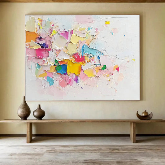 “Colorful Textured Abstract Collage” - Pink, yellow, blue, green, purple; Textured abstract collage; Mixed Media Painting On Canvas HB1223