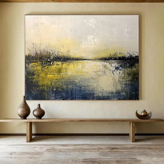 “Misty Yellow Lake” - Yellow, Gray, Hazy Sky and Reflective Water Painting On Canvas HB0939