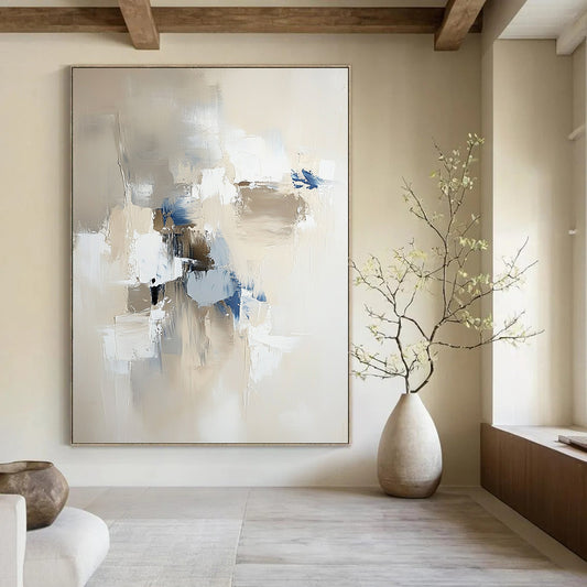 Contemporary abstract painting in neutral tones with blue and gray accents featuring bold brush strokes and soft edges for a modern aesthetic. DLZ0562