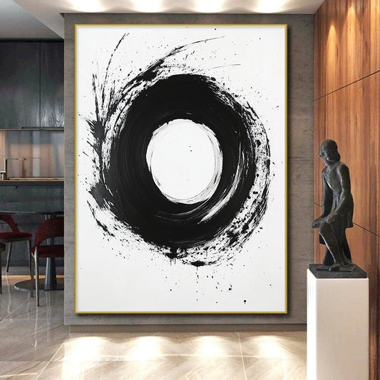 Black, White, Bold Circular Stroke "Ink Moon" Abstract Minimalist Painting On Canvas HB132