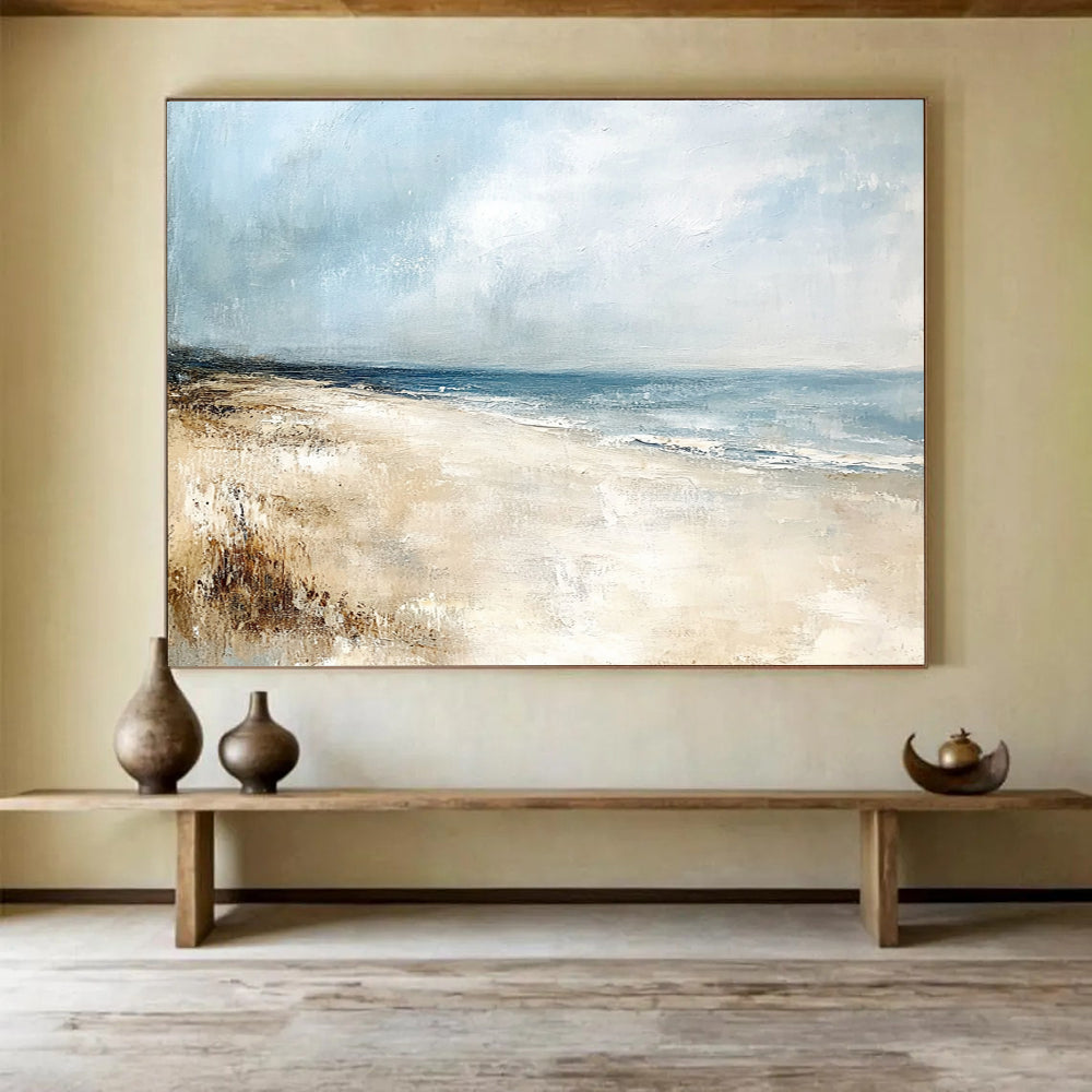 “Serene Beachscape” - Blue, Beige, Gray, Realistic - Style Abstract Beach Painting On Canvas HB1072