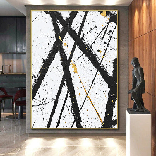 Black, White, Gold, Crossed Lines "Golden Intersection" Abstract Expressionist Painting On Canvas HB048