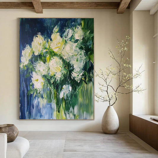 Contemporary hand-painted abstract artwork featuring white roses with dynamic brushstrokes on dark blue, accented with green for depth and movement. DLZ1751
