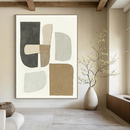 Contemporary hand-painted abstract artwork featuring minimalist shapes in soft gray beige and brown tones on a white background highlights unique textured forms. DLZ1344