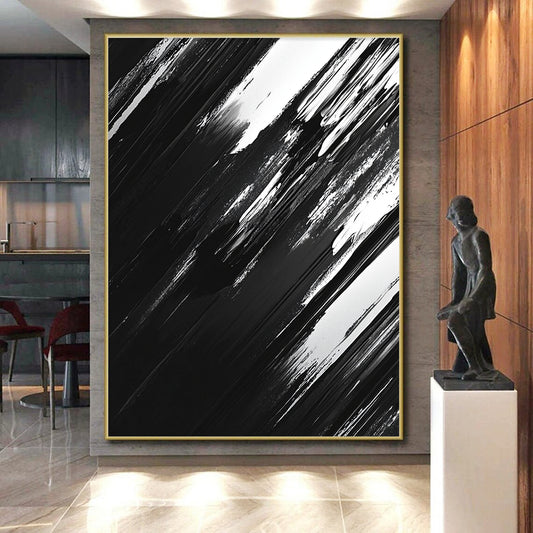 Black, White and Gray Dynamic Strokes "Shadow Motion" Painting On Canvas HB313