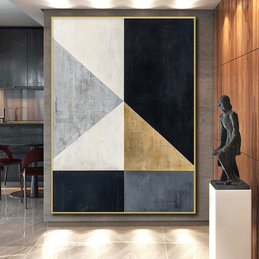 Black, White, Gray, Gold, Geometric Triangles "Gilded Triangles" Abstract Modernist Painting On Canvas HB118