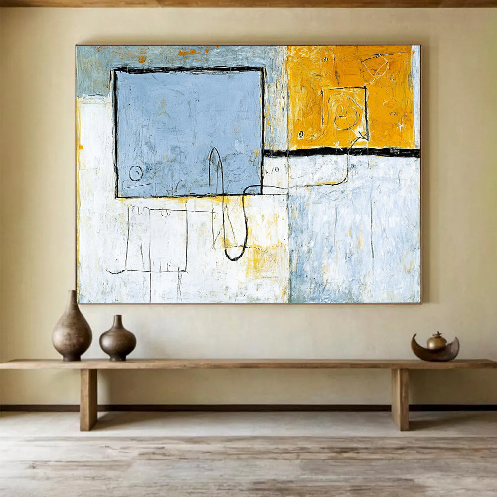 “Geometric Neutral Tones” - Blue, Yellow, Gray, Abstract Shapes - Modernist Acrylic Painting HB1510