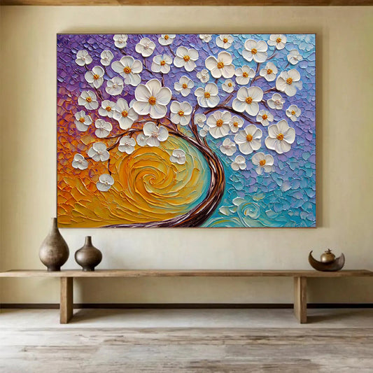“3D White Flowers on Colorful Textured Background” - Purple, Blue, Orange, White 3D Flowers - Textured Acrylic Painting HB1636