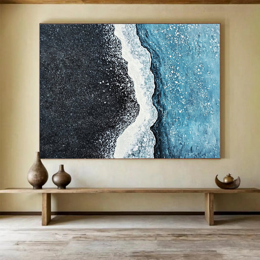 Black Beach with White Foam and Blue Sea - Coastal Abstract Painting On Canvas HB0486