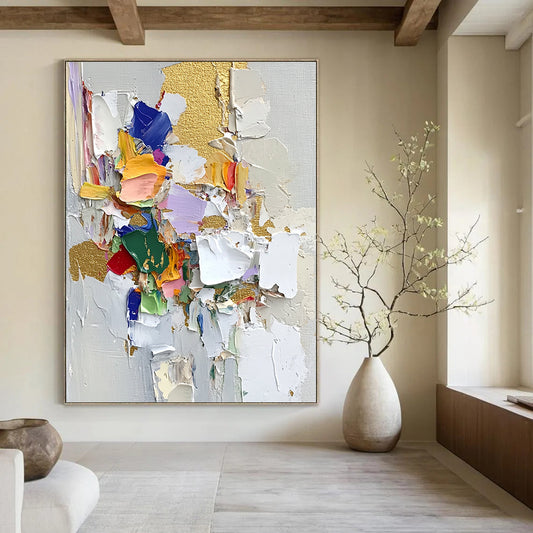 Contemporary abstract artwork featuring palette knife textures thick brush strokes and vibrant fabric pieces on textured paper with gold leaf highlights. DLZ0716