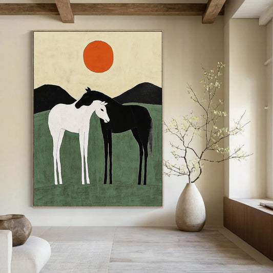 Contemporary abstract art featuring two minimalist horses against green hills with orange suns, capturing harmony through simple shapes and lines. DLZ1141
