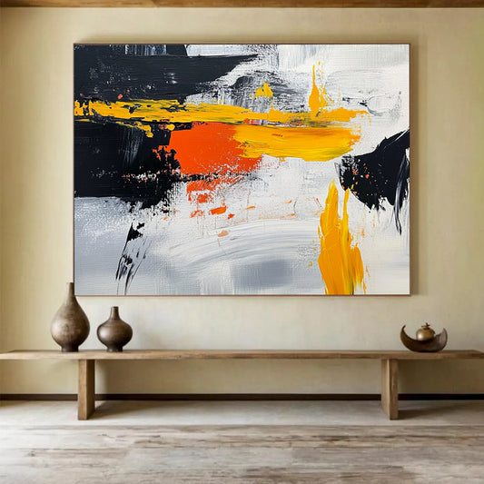 “Vibrant Yellow - Orange - Black Abstract” - Yellow, Orange, Black, Gray, White, Bold Strokes Painting On Canvas HB0812
