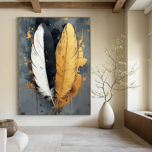 Contemporary abstract art featuring two feathers one white one black with gold accents on a textured grey canvas perfect for modern decor. DLZ1716