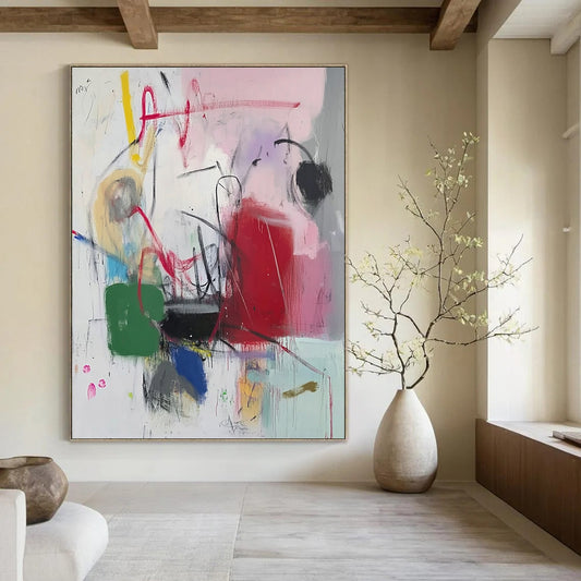 Bold contemporary abstract artwork featuring vibrant pink red green blue white black purple yellow orange hues with expressive scribbles and graffiti elements. DLZ1049