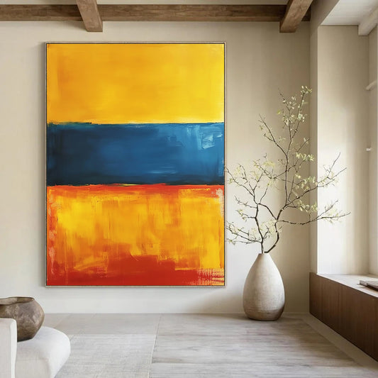Contemporary abstract artwork featuring a vibrant interplay of orange, blue, and yellow hues, inspired by minimalist aesthetics. DLZ1354
