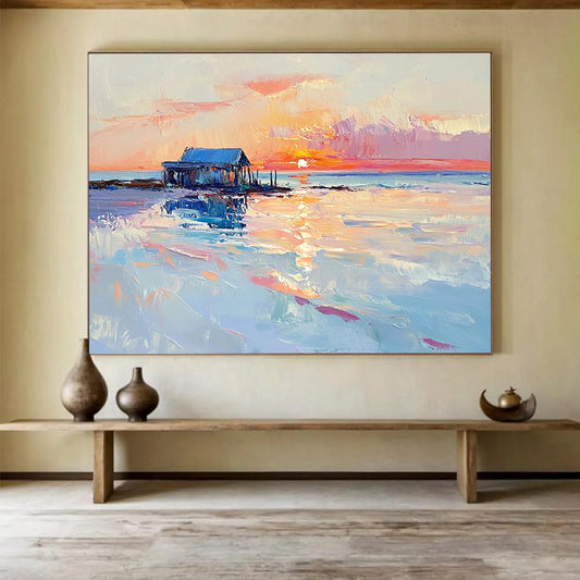 “Sunset Shack by Sea” - Pinks, Oranges, Blues, Coastal Shack - Impasto Oil Painting HB1592