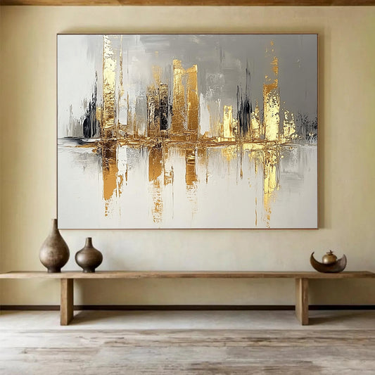 “Gilded Metropolis Reflection” - Gold, Gray, White, Abstract Cityscape with Water Reflections Painting On Canvas HB1084