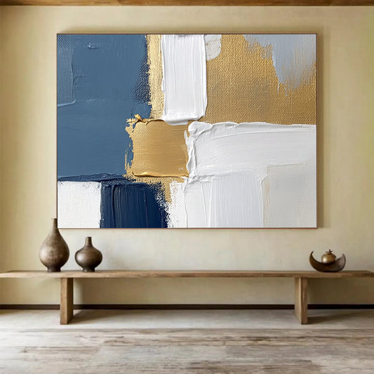Blue, White, and Gold Geometric Abstract - Modernist Painting On Canvas HB0501
