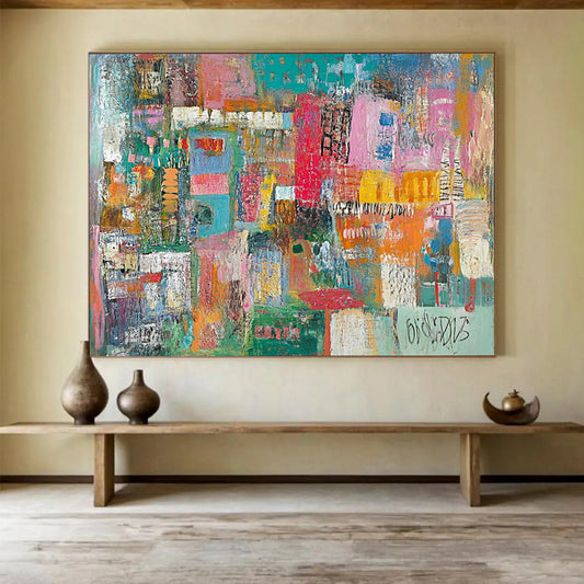 Colorful Urban Mosaic Collage – Mixed - Media Abstract Cityscape Painting HB1473