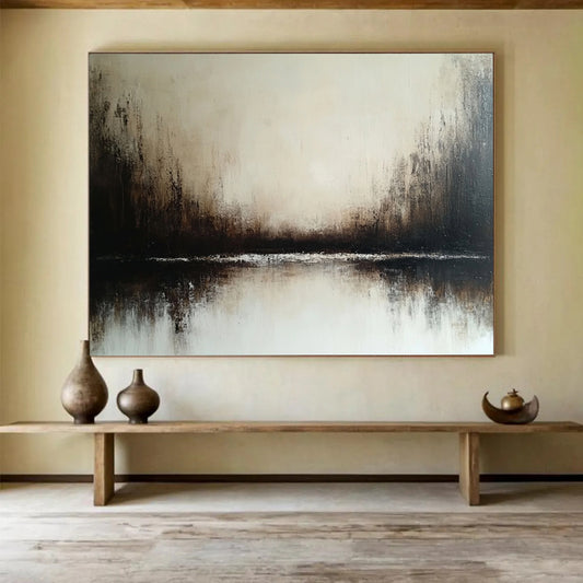 “Misty Landscape in Neutral Tones” - Beige, brown, white; Abstract misty landscape with a reflective body of water; Soft Oil Painting On Canvas HB1203
