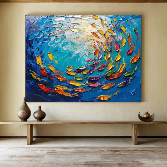 Textured Ocean Fish School - Coastal Living Room or Bathroom Art DLZ199