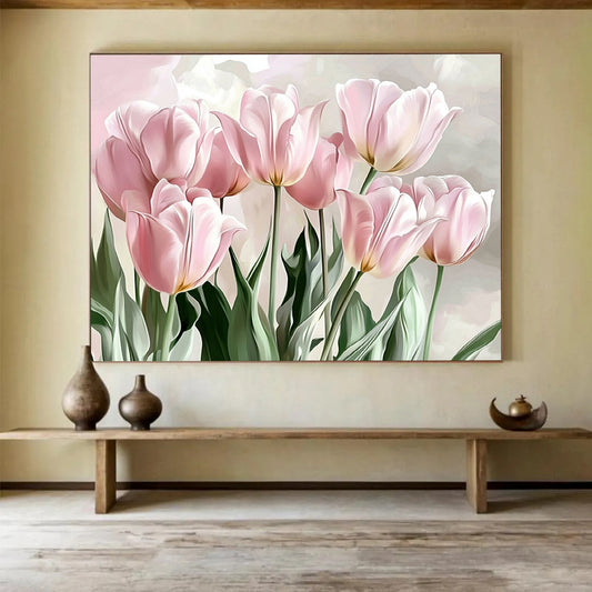 “Soft Pink Tulips” - Pale Pinks, Greens, Realistic Tulip Bouquet - Digital Painting HB1729