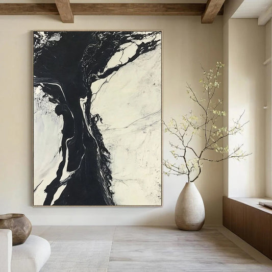 Contemporary abstract art features striking black and white marble ink merging with a cool river amidst snow-covered landscapes creating dynamic contrasts. DLZ1545