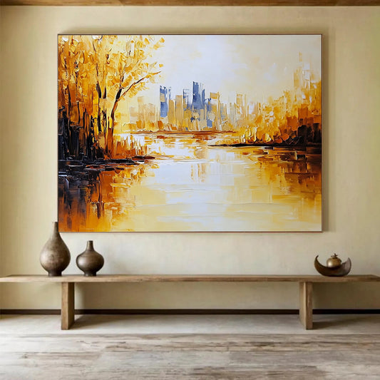 “Golden Cityscape” - Gold, Blue, Yellow, Shimmering City and Reflective River Painting On Canvas HB0934