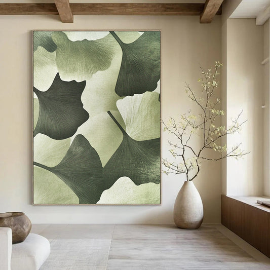 Contemporary hand-painted abstract art featuring textured ginkgo leaves in a soft green background adds depth and elegance to your outfit. DLZ1202