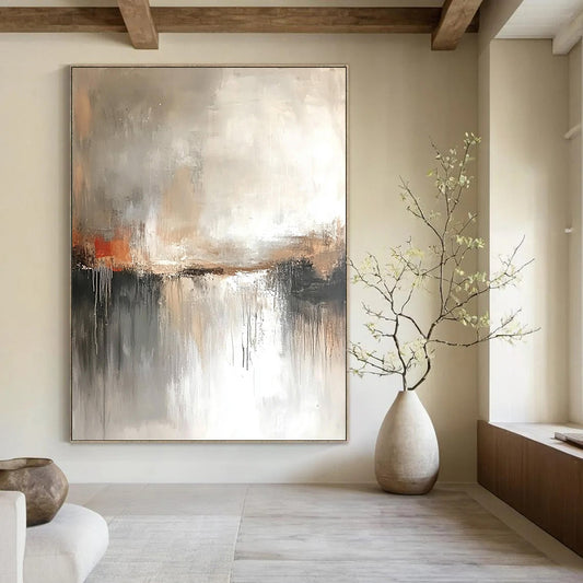 Contemporary abstract painting with muted colors, gray tones, and atmospheric effect, inspired by J.M.W. Turner’s expressive landscapes. DLZ0406