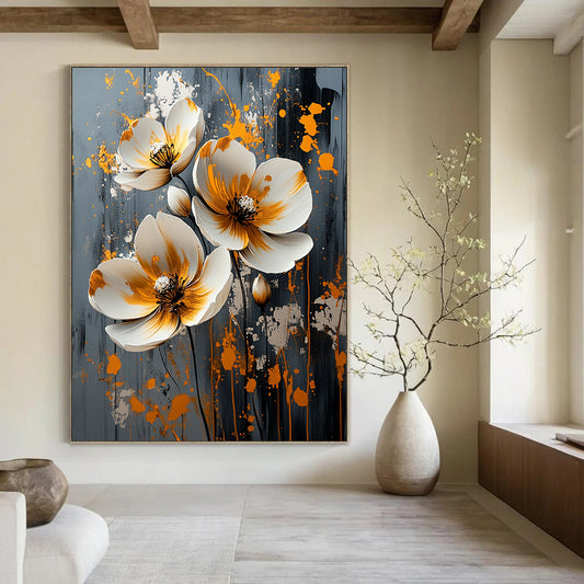 Contemporary abstract artwork features white flowers with gold and silver splashes on a textured grey canvas, perfect for modern decor. DLZ0824