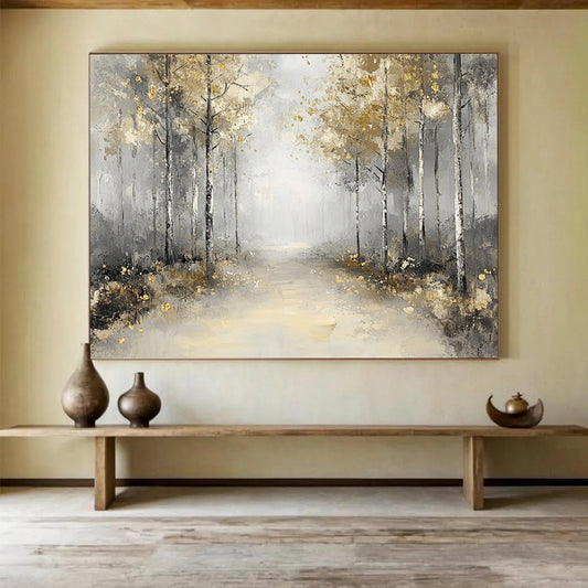 “Misty Forest Path with Gold” - Gray, Gold, Serene Forest Landscape Painting On Canvas HB0881
