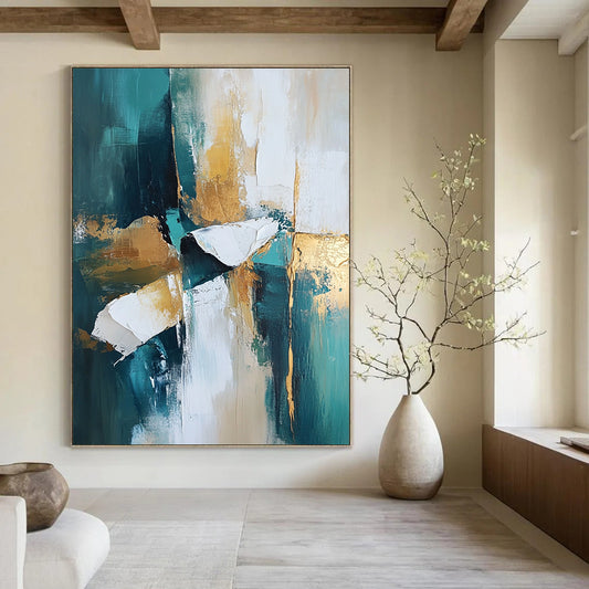 Contemporary abstract painting featuring teal and white tones with gold accents. High-resolution artwork with dramatic lighting and atmospheric quality for stunning visuals. DLZ0444