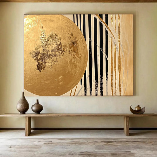 “Gold - Black Striped Abstract” - A gold circle with black and white stripes, Abstract Geometric Painting On Canvas HB0555